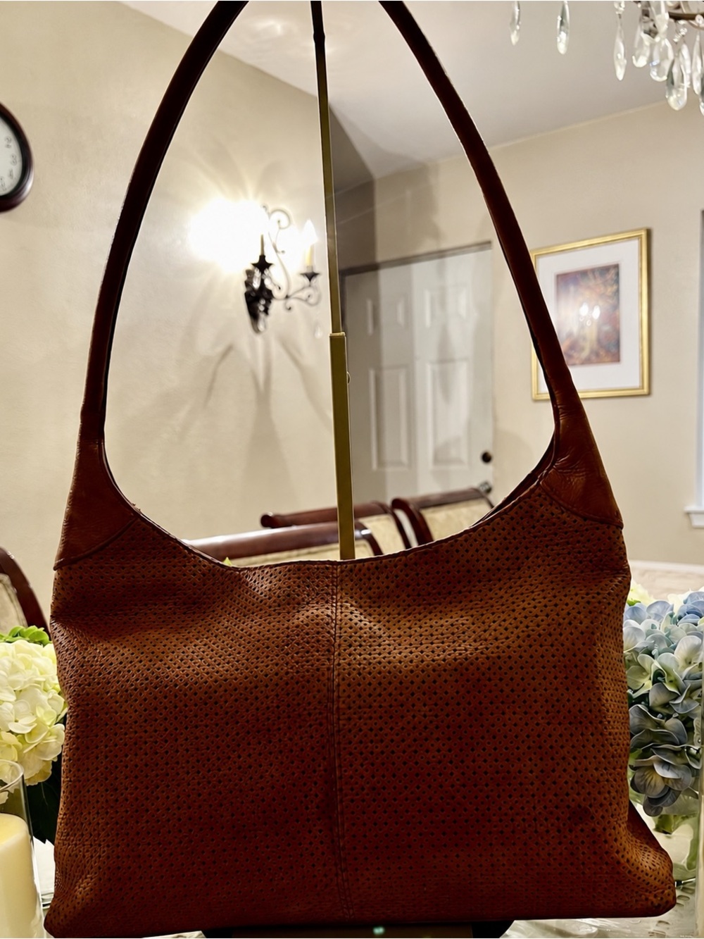 Tignanello Cognac Perforated Genuine Leather Hobo Shoulder Bag Leather Lined